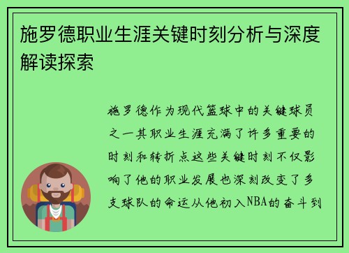 施罗德职业生涯关键时刻分析与深度解读探索